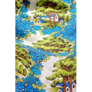 画像: カーテン 青い花と木と家柄 フリル付 200cm×130cm