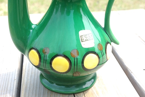 画像: 陶器手描き水差し 緑丸模様