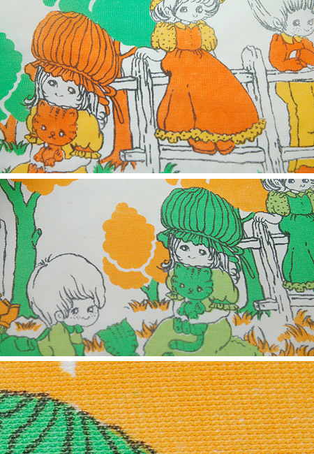 画像: カーテン 男の子女の子猫柄 グリーン・オレンジ 2枚SET 100cm×175cm